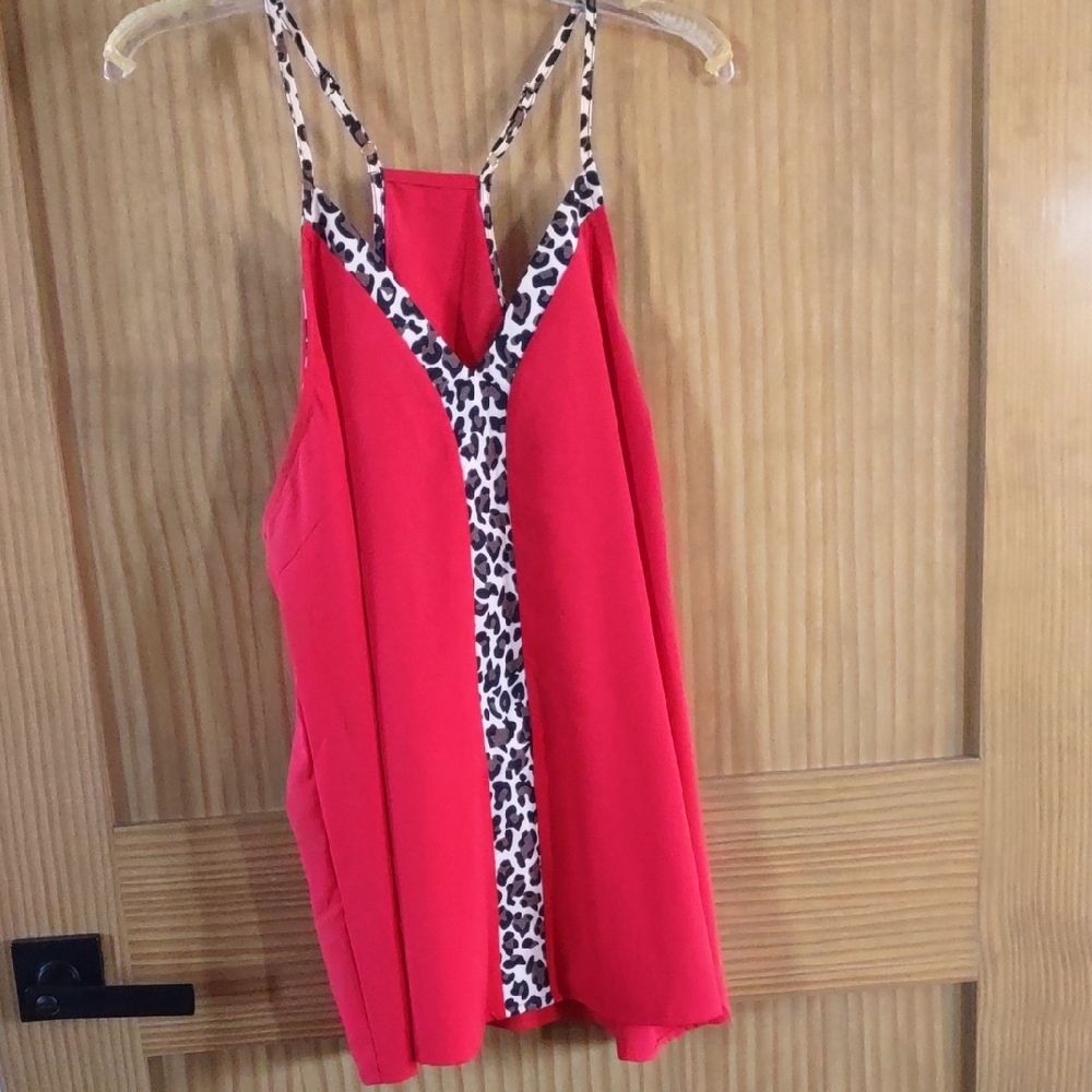 Vibrant XXL Red Camisole with Leopard Trim Chiffon Fabric